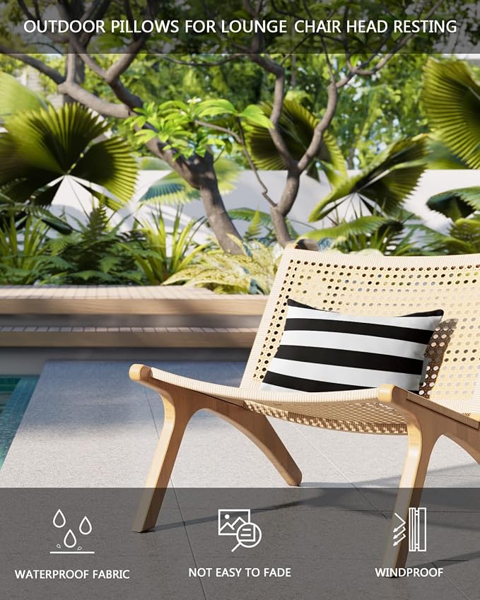 Outdoor Pillow for Chaise Lounge Chair, Simple Stripe Black and White Waterproof Headrest Pillow Lumbar Pillows with Insert & Adjustable Elastic Strap for Beach, Poolside, Patio, Office (2 Pack)