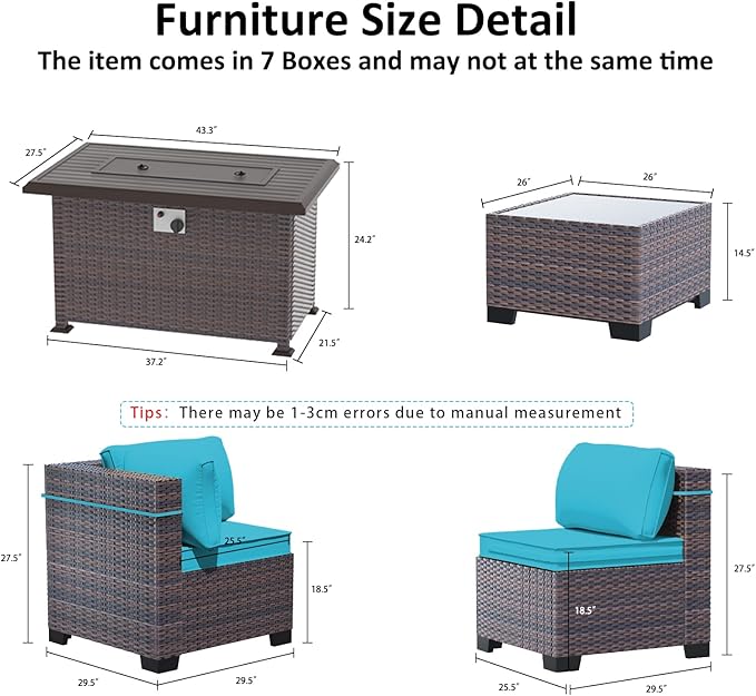 Outdoor Patio Furniture Set with Gas Fire Pit Table, 13 Pieces Outdoor Furniture Set Patio Sectional Sofa w/43in 55000 BTU Propane Fire Pit, PE Wicker Rattan Patio Conversation Sets - Teal