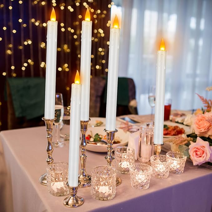 wemarry 12 Pcs Flickering Flameless Taper Candles, 10" Fake Taper Candles Battery Operated with Timer, Long Lasting-White Electric Led Candlesticks for Xmas Halloween Wedding Home Décor