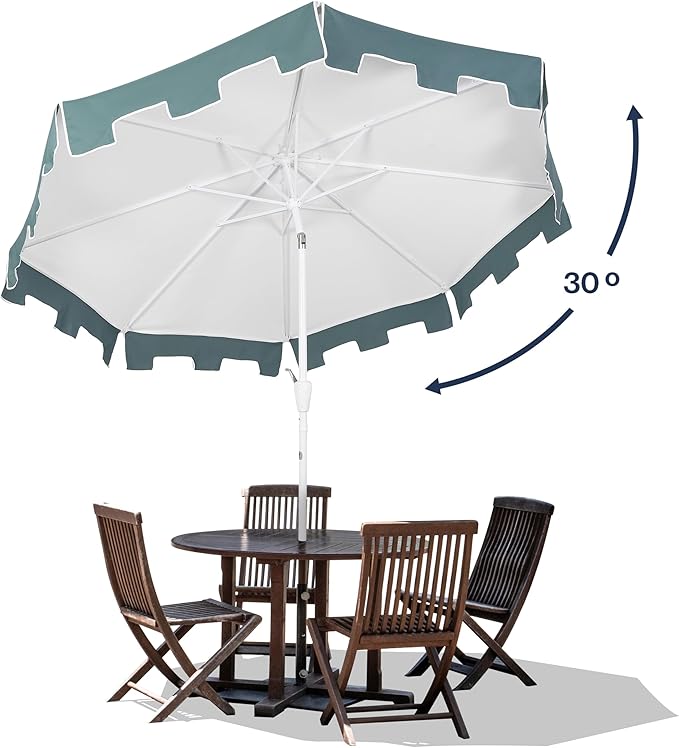 JONATHAN Y Baiona 9 ft. White/Green Outdoor Patio Umbrella with Crank Lift and Tilt, 8 Ribs UV-Resistant Market Table Umbrella with Square Trim for Pool, Deck, Coastal, White Pole UMB1000D