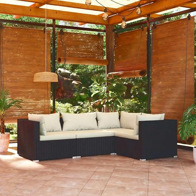 4 Piece Patio Lounge Set with Cushions, Outdoor Sofa Sets Porch Furniture Set Sectional Sofa Patio Conversation Set for Exhibition Garden Piazza Negotiation Area Poly Rattan Black