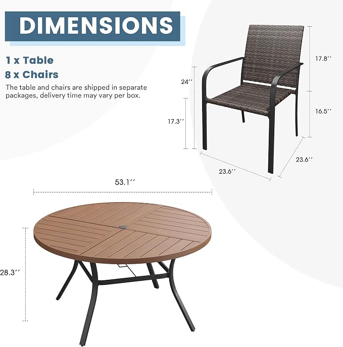 DIFY 9 Piece Outdoor Dining Set for 8, 53.1" Walnut Round Metal Dining Table with Umbrella Hole and Stackable Wicker Patio Chairs, All-Weather Patio Table and Chairs Set for Deck Garden Backyard