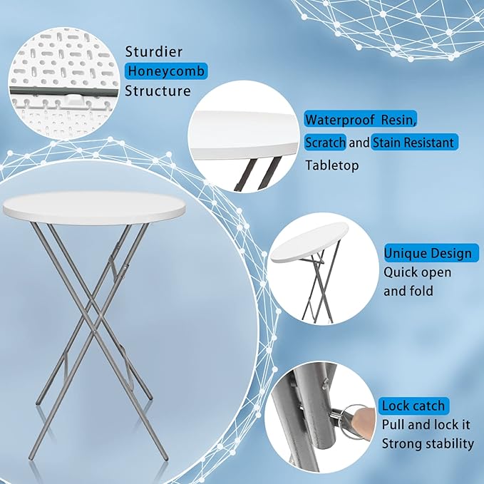 32in Round Foldable Table High Top Cocktail Desk Portable Plastic Table for Party（White/1pc