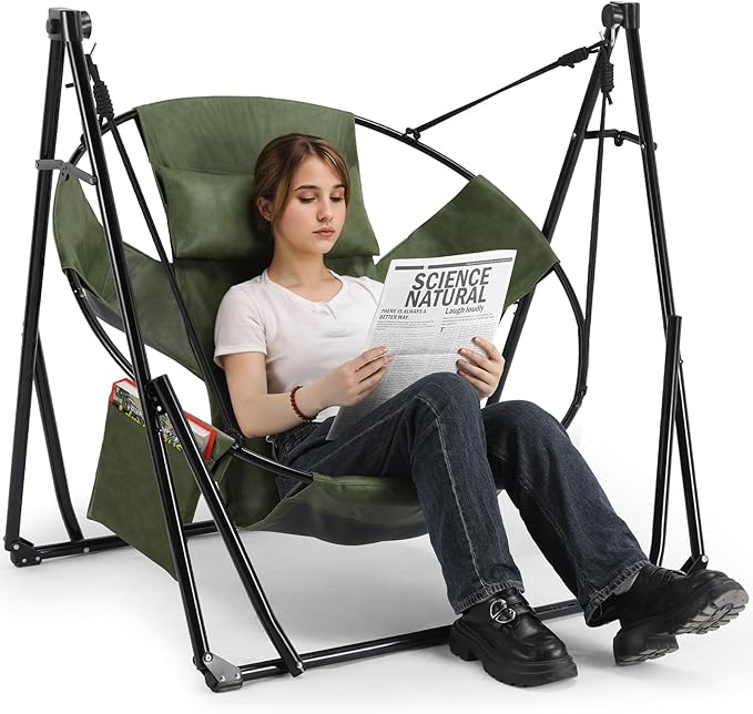 Arlopu 3 in 1 Portable Hammock with Steel Stand,Foldable PU Leather Swing Chair,6-Level Standing Hammocks Included Carrying Bag,Side Pocket,Pillow,for Outside,Indoor,Yard,Garden,Patio,Camping(Green)