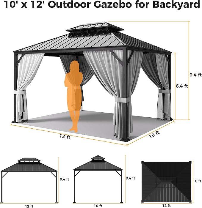 IRONCK 10'x12' Outdoor Hardtop Gazebo, Aluminum Patio Gazebo with Galvanized Steel Double Roof, Patio Pergola with Net and Curtain, Backyard Canopy for Garden, Deck, Black Gray