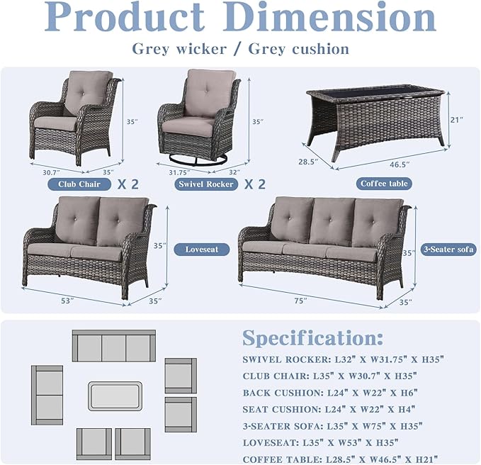 Belord Outdoor Furniture Wicker Conversation Sets - 7 Piece Patio Rattan Furniture Sets with Swivel Rocker Chairs Outdoor Sofa for Porch Deck Backyard Mixed Grey/Grey