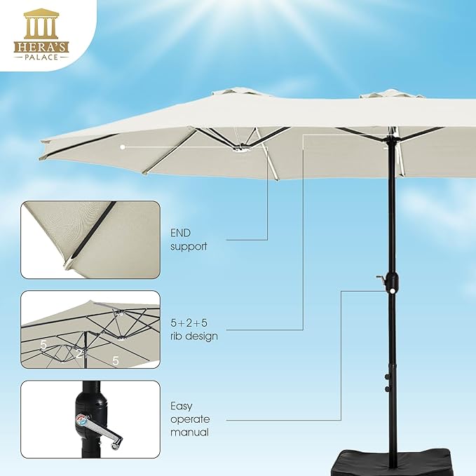 HERA'S PALACE Umbrella Patio Outdoor with Base 15ft Rectangle Table Double Market Umbrellas Clearance Large Included Stand for Deck Outside Pool Picnic Inground Yard Commercial (Ivory)