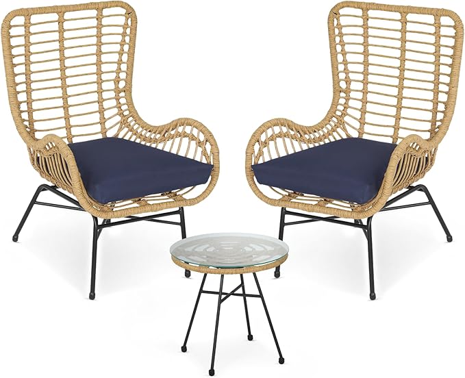 Athena Collection Patio Bistro Sets, 3 Piece All Weather Furniture Set Outdoor Conversation Set Glass Table and Rattan Chairs Set with Soft Cushions for Garden, Poolside, Backyard, Blue