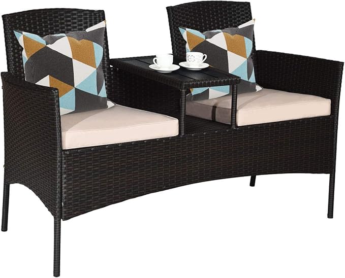 COSTWAY 2-Seat Patio Conversation Sets, Outdoor Patio Loveseat Set with Removable Cushions & Built-in Coffee Table for Backyard, Garden, Lawn, Balcony, Brown+Beige