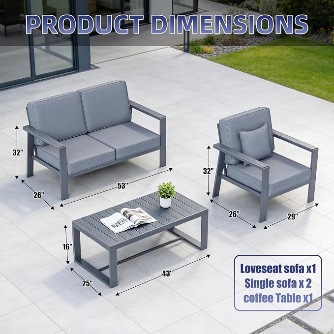 Premium Aluminum Patio Furniture Set 4 Piece,Outdoor Conversation Set with Wide Armrest,5" Thick Cushions, Olefin Fabric,Rustproof Metal Frame,Deep Seating Patio Sofa Set for Backyard,Deck,villa,Gray