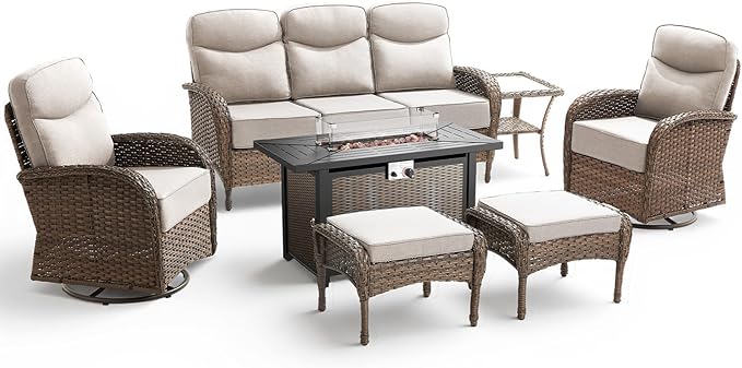 Luxury Patio Furniture Set with 42.5" Fire Pit Table, 6-Inch Thick Cushions Wicker Outdoor Furniture with Wicker Swivel Patio Chairs Set of 2, Patio Conversation Set for Deck Garden Porch, Beige