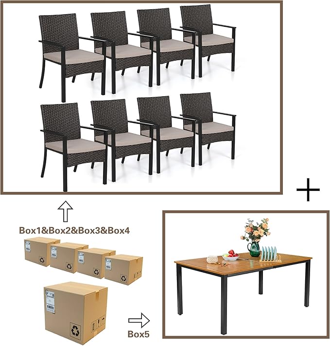 Sophia & William 7 Pieces Patio Dining Set for 6, Rectangular Patio Table and Chairs Set, Metal Outdoor Table and Rattan Chairs
