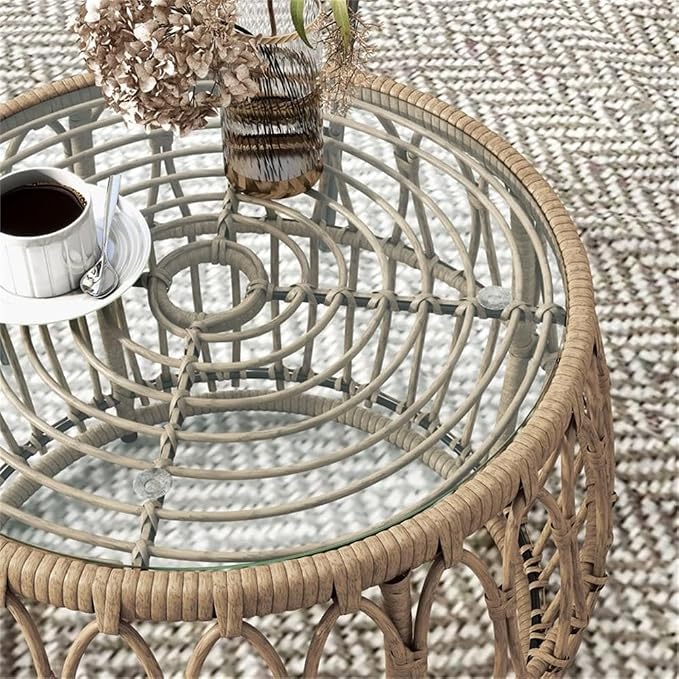 MAKLAINE Round Outdoor Coffee Table, Natural Finish, PE Wicker Rattan with Tempered Glass Top, 21.65" Diameter x 15.75" Height, Boho Coastal Style, Durable Patio or Indoor Furniture
