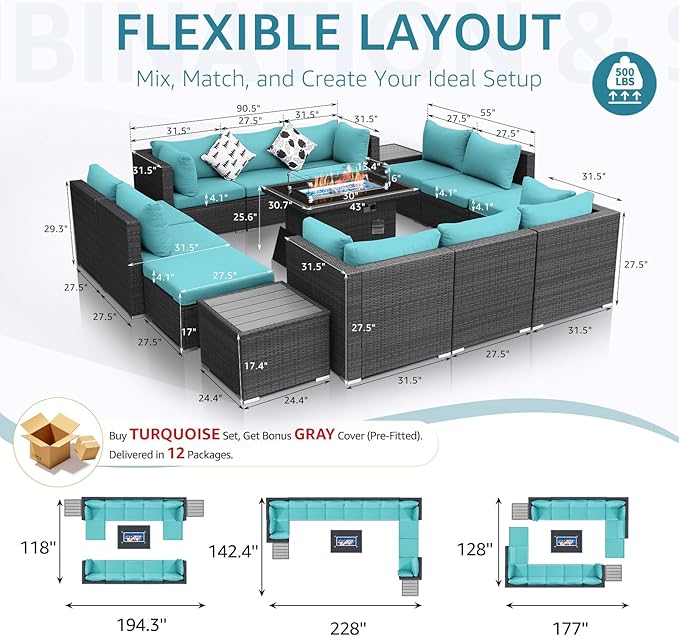 NICESOUL 15 Piece Outdoor Sectional with Fire Pit Table, Modern Luxury Patio Deep Seating w/Firepit, 29.3'' High-Back Wicker Couch Thick, Big High-Weight Capacity Sofa for Terrace, Yard, Gray & Teal