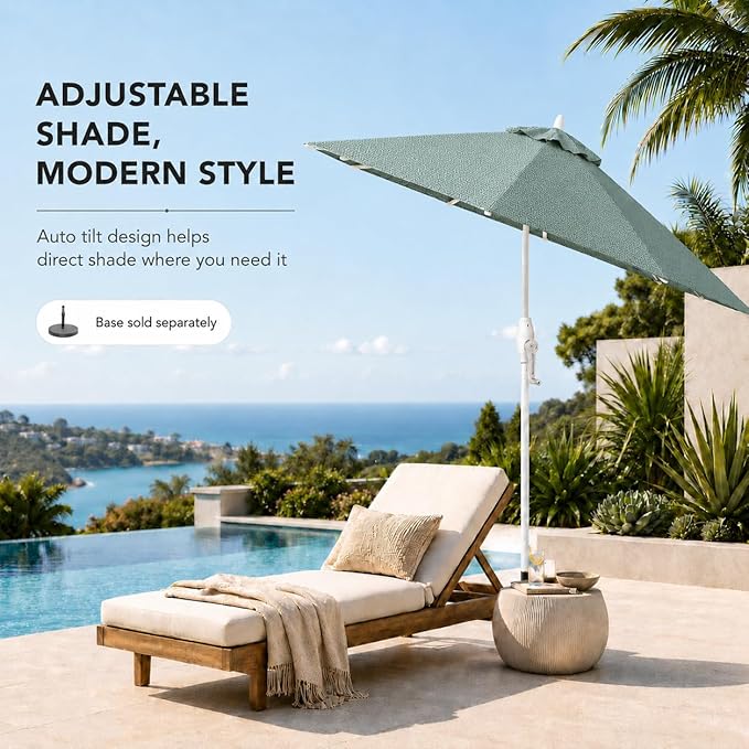 Treasure Garden 9ft Patio Umbrella - Outdoor Furniture Market Umbrella – Deluxe Auto-Tilt – White Aluminum Frame (Sunbrella, Spa)