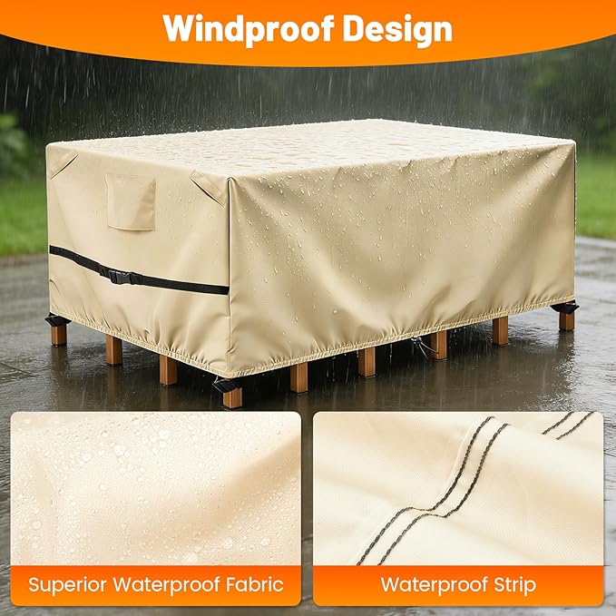 POMER Rectangular Patio Furniture Covers-Outdoor Furniture Covers Waterproof,600D Table and Chairs Cover for All-Weather Protection 76L X 48W X 32H Inch Beige