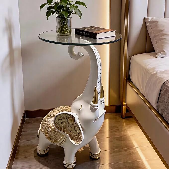 Elephant Side Table with Glass Top, White and Gold, 27.2 Inch