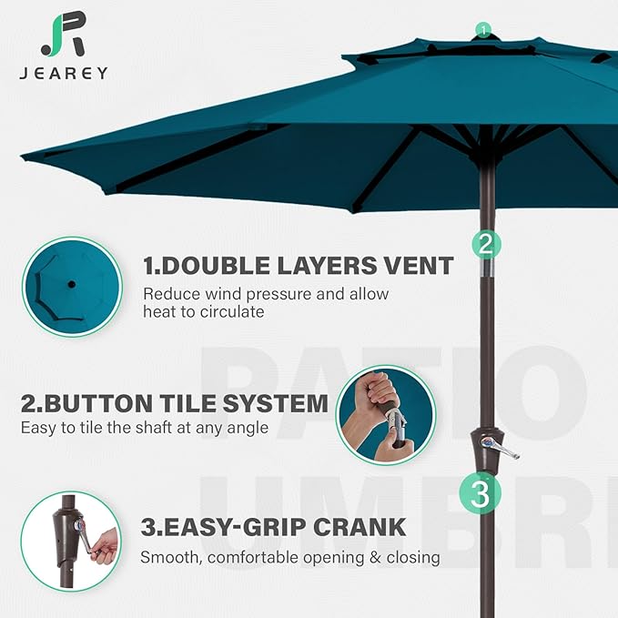 JEAREY 9' 2-Tiers Patio Umbrellas Outdoor Table Market Umbrella w/Push Button Tilt/Crank, 8 Sturdy Ribs, UV Protection Waterproof Sunproof(Cerulean)