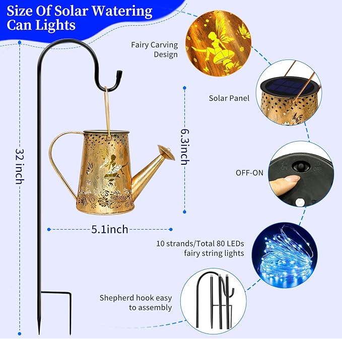 YJFWAL Solar Watering can with Lights, Gardening Gifts for Mothers Day Mom Grandma Women Birthday, Waterproof Watering Can with Cascading Lights Outdoor Decor for Garden Patio Yard Pathway (Blue)