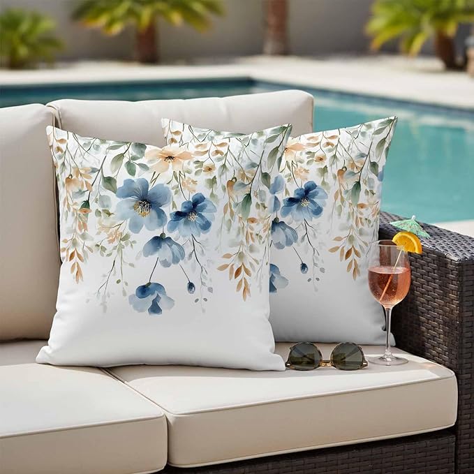 Blue Spring Floral Waterproof Outdoor Pillow Covers 20''x20'' Set of 2, Weeping Botanical Patio Furniture Summer Cushion Covers for Chairs, Decorative Wildflowers Pillow Cases for Garden/Pool/Beach