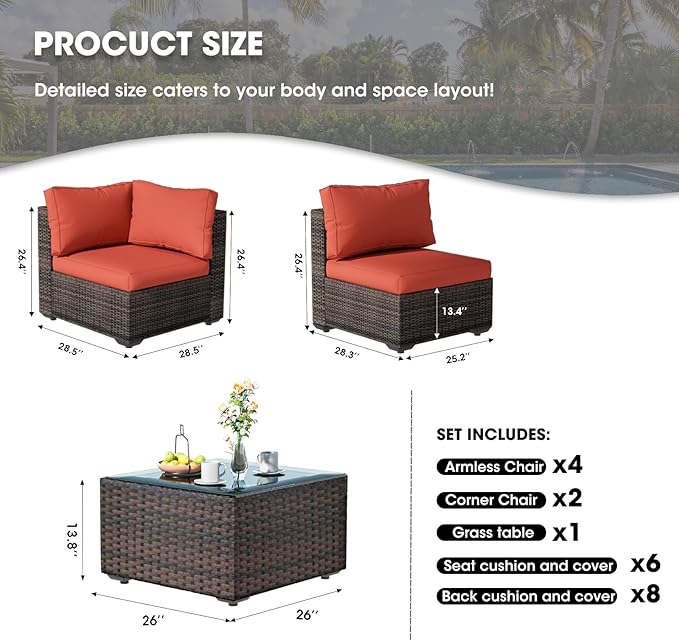 Patio Furniture Set 7 Piece Outdoor Wicker Sectional Sofa - All Weather High Backrest PE Rattan Couch Conversation Set with Cushion & Glass Top Table for Backyard Deck (Red, L-7 pcs w/glass table)