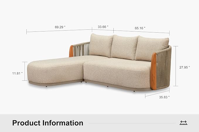 PURPLE LEAF Patio Furniture Set, 4-Piece L-Shaped Patio Conversation Sets with Chaise Lounge, Genuine Teak, Olefin Fabric & 9" Thick Backrest& Aluminum Rope Coffee Table - Outdoor Sectional Sofa