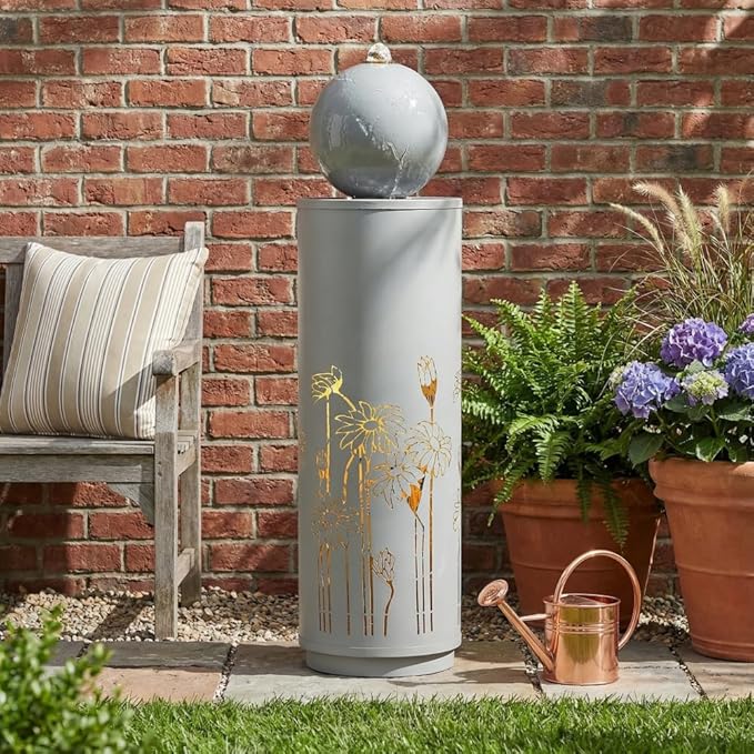 Modern Freestanding Water Fountain with LED Lights & Floral Cutout Design, 34.25 Inch Light Gray Metal Outdoor Fountain for Patio Garden Decor