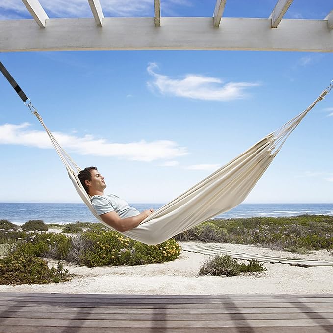 Gold Armour Brazilian Style Hammock with Tree Straps for Hanging, Portable Single Double Hammock for Camping, Outdoor, Indoor, Patio, Backyard (Beige White)
