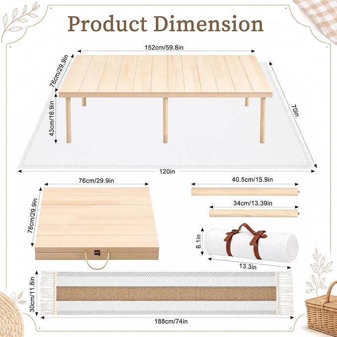 60" x 30" Boho Folding Picnic Table Set with Blanket and Runner, Extra Stable Low Wooden Table, Adjustable Height Portable Floor Seating for 4-6 People, Wedding Photoshoot Beach Camping Party