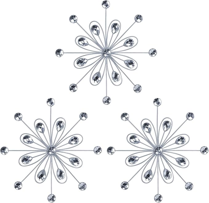 hogardeck Metal Flower Wall Decor, 3pcs 9" Silver Metal Jeweled Wall Art Bling Crystal Home Décor, Sun Burst Rhinestone Hanging Diamond Accents for for Indoor, Outdoor, Living Room, Bedroom