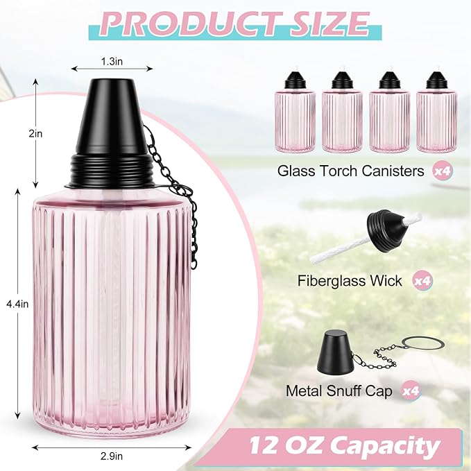 Glass Table Top Torches for Outside,4 Pack Citronella Tabletop Torch with Wick & Cap, 12oz Refillable Outdoor Torch Canisters Lanterns Torches for Luau Party, DIY Garden Decor (Pink)