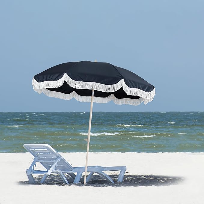 Tempera 7ft Boho Beach & Patio Umbrella with Fringe, Market Umbrellas with UPF 50+ UV & Water-Resistant Canopy, 1.5" Wood Pole & Button Tilt.