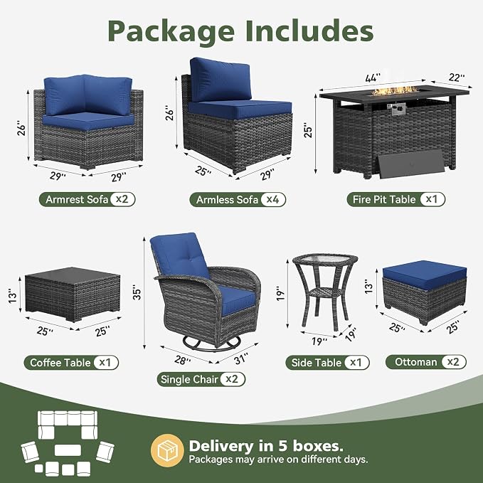 Aoxun 13 Piece Outdoor Patio Furniture Set with 44'' Fire Pit Table, Wicker Rattan Outdoor Furniture with High Back Swivel Rocker Chairs, Outdoor Sofa Set with Thick Cushion & Ottoman, Navy Blue