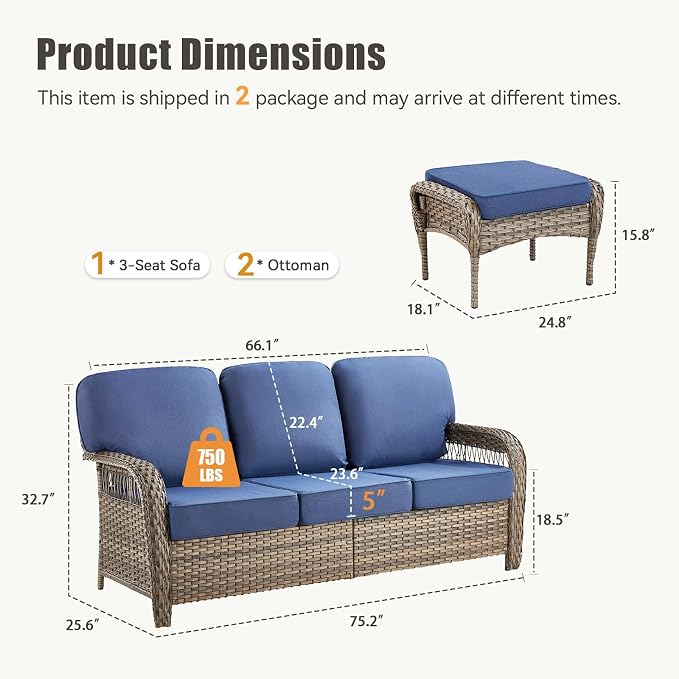 3 Pieces Patio Furniture Sofa Set, Wicker Sectional Outdoor Sofa with Ottomans, Outdoor Seating Furniture High Back Conversation Set for Balcony Deck Porch Backyard, Blue