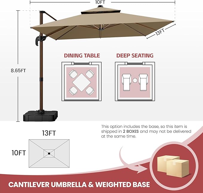 GENTEACO 10x13FT Rectangle Cantilever Patio Umbrella w/Base Included, Deluxe Wood Pattern Pole & 7 Angle Tilts, 360° Rotation, Offset Hanging Market Umbrellas for Garden Pool Patio, Tan