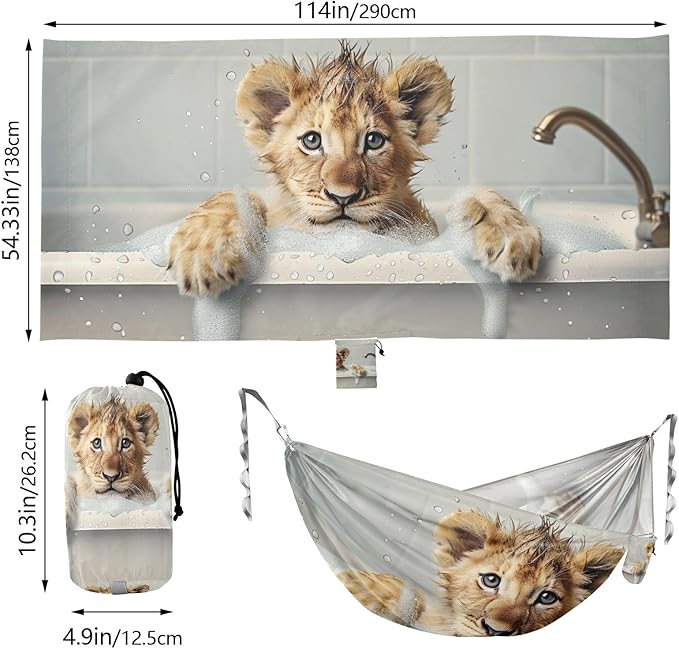 FRMG Lion Bathing in The Bathtub Camping Hammock 500 lbs Capacity Portable Hammocks with Tree Straps & Attached Carry Bag, Camping Essentials Gear 2014129a