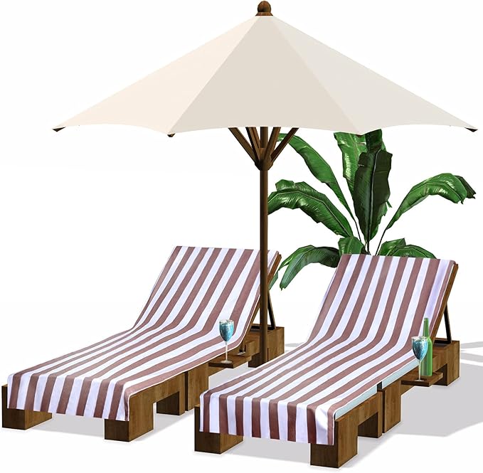 Fumete 2 Pack Lounge Chair Covers 30 x 85 Inch Pool Chaise Lounge Towels Microfiber Beach Chair Towel Portable Striped Outdoor Patio Furniture Cover for Sunbathing Picnic Spa(Light Brown)