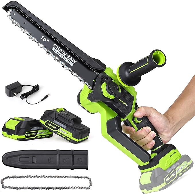 FASTPRO 10-Inch Cordless Chainsaw, Pre-Installed Mini Chain Saw Kit with 2 Pack Rechargeable Batteries, Easy for Branch Trimming and Wood Cutting