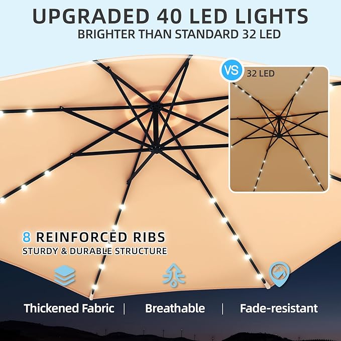 EROMMY 10FT 40-LED Solar Lighted Patio Umbrella with Base Included, Outdoor Offset Cantilever Umbrella, Infinite Tilt, Crank and Cross Base, UV Protection for Backyard, Lawn, Garden & Pool