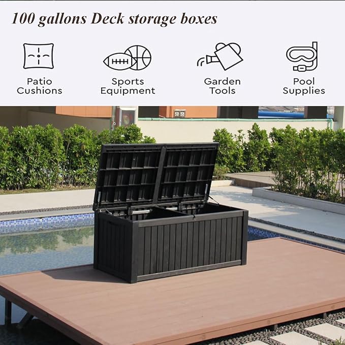 100 Gallon Deck Box, Large Resin Storage Bin, Waterproof and UV Resistant Lockable for Patio Furniture, Outdoor Cushions, Garden Tools