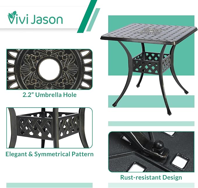 VIVIJASON 5-Piece Outdoor Patio Dining Set, All-Weather Cast Aluminum Conversation Set, Patio Furniture Set for Balcony Lawn Garden Backyard, Include 4 Chairs, a 30.5” Square Table with Umbrella Hole