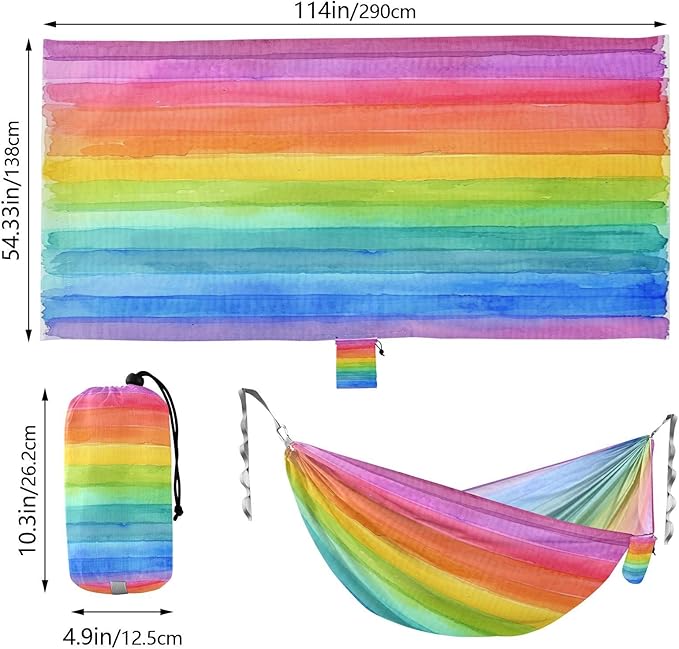 Qilmy Rainbow Camping Hammock Single – 330 lbs Capacity, Lightweight with Tree Straps & Carabiners, Portable for Hiking, Travel, Backpacking