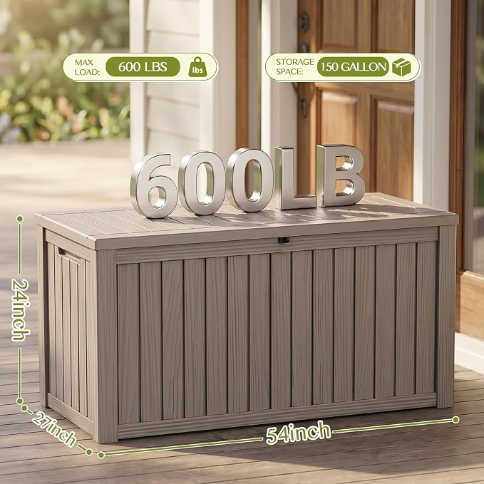 Waterproof Outdoor Storage Box Outside Deck Box Lockable Resin Bench UV Resistant Furniture Cushion Pool Tool Float Bin Patio Garden Porch (Grey, 150 Gallon)