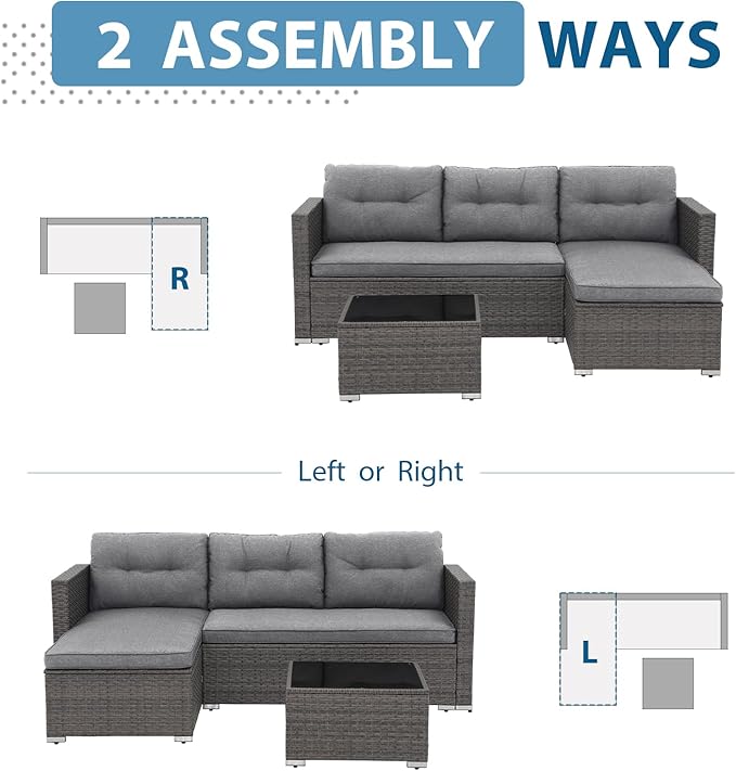 JOIVI 3-Piece Patio Furniture Set, Outdoor Wicker Rattan Sectional Sofa & Patio Couch with Cushions, Tempered Glass Coffee Table, All-Weather Sectional Set for Outdoor Patio, Gray