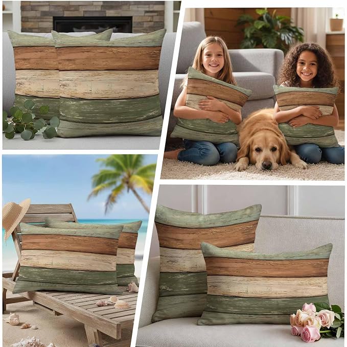 Farmhouse Sage Green Brown Outdoor Waterproof Pillow Covers, Vintage Wooden Striped Decorative Square Throw Pillowcase Sofa Cushion Sham for Patio/Couch/Chair, 18"x18" 2 Pack