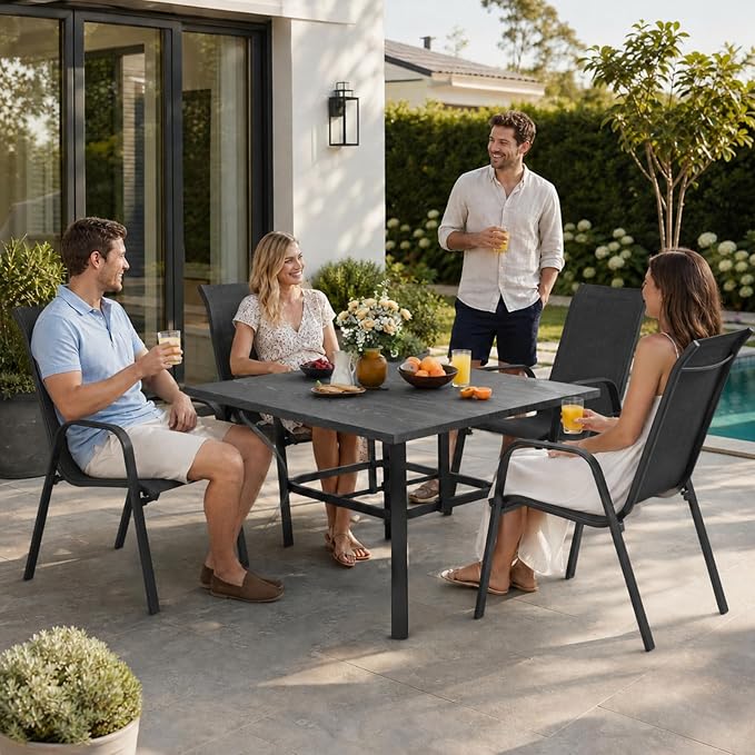 5 Piece Patio Dining Set, Stackable Outdoor Chairs Set of 4 with Textilene Fabric, 37.8" Wood-Grain Square Table with Umbrella Hole for Backyard Lawn Party (1 Table + 4 Chairs) (Black)