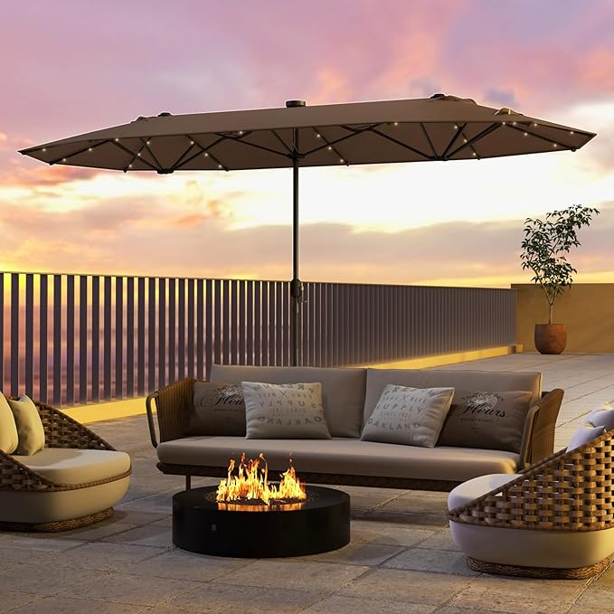 HAPPYGRILL Double-Sided Patio Umbrella with Solar Lights, 13FT Large Umbrella with Base Included, Crank Handle, Market Twin Table Umbrella for Outdoor Backyard Garden Poolside