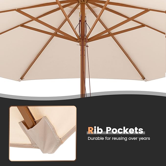 Tangkula 10FT Patio Umbrella, Outdoor Table Market Umbrella w/8 Wooden Ribs, 3 Adjustable Heights, Rope Pulley System, Detachable Pole, Wooden Patio Umbrella for Garden, Poolside, Backyard (Beige)