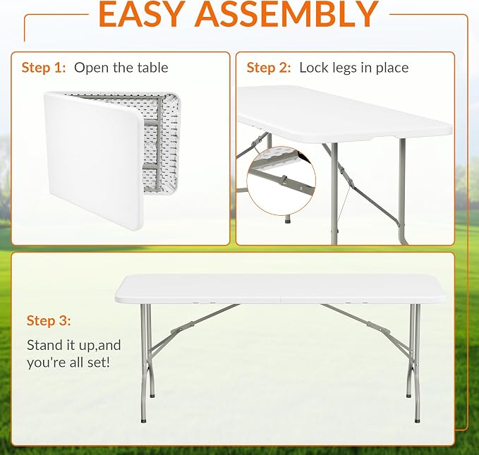 Elevon Folding Table Set with 6 White Folding Chairs,6 Feet Heavy Duty Fold-in-Half Utility Table Sets for Picnic, Event, Training, Outdoor Activities, at Home and Commercial Use