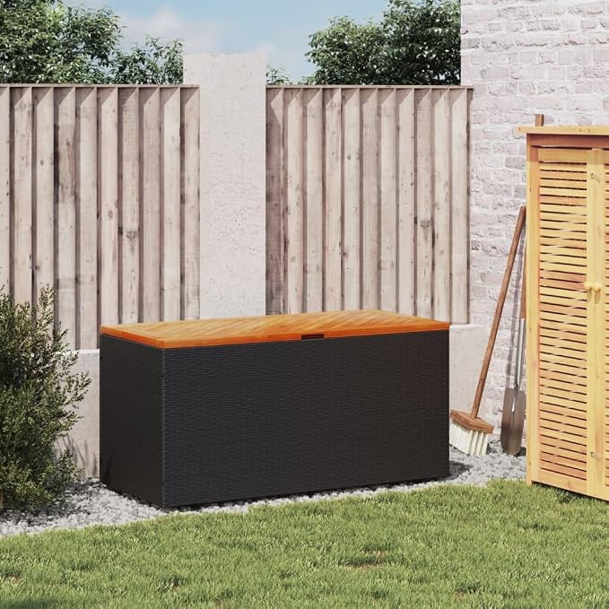 Patio Storage Container for Backyard, Porch, Garden, Patio Storage Box, Outside Deck Box, Garden Storage Box, Black 43.3"x19.7"x21.3" Poly Rattan Acacia Wood,-741
